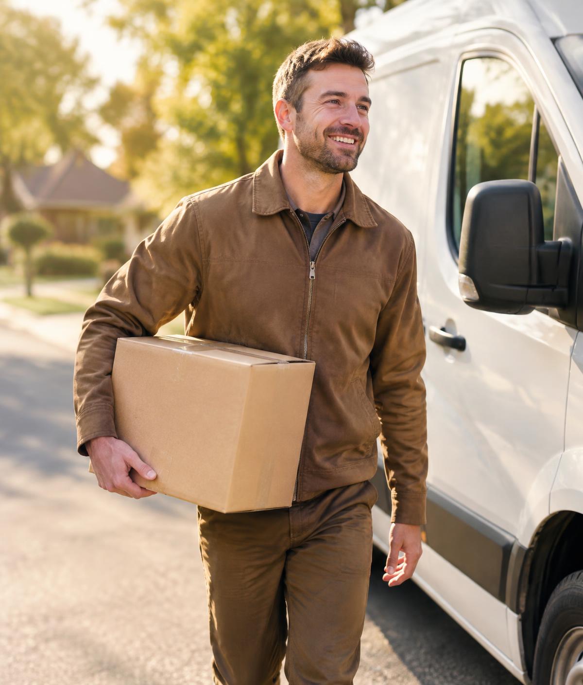Illustrative image of a delivery driver carrying a parcel beside a van